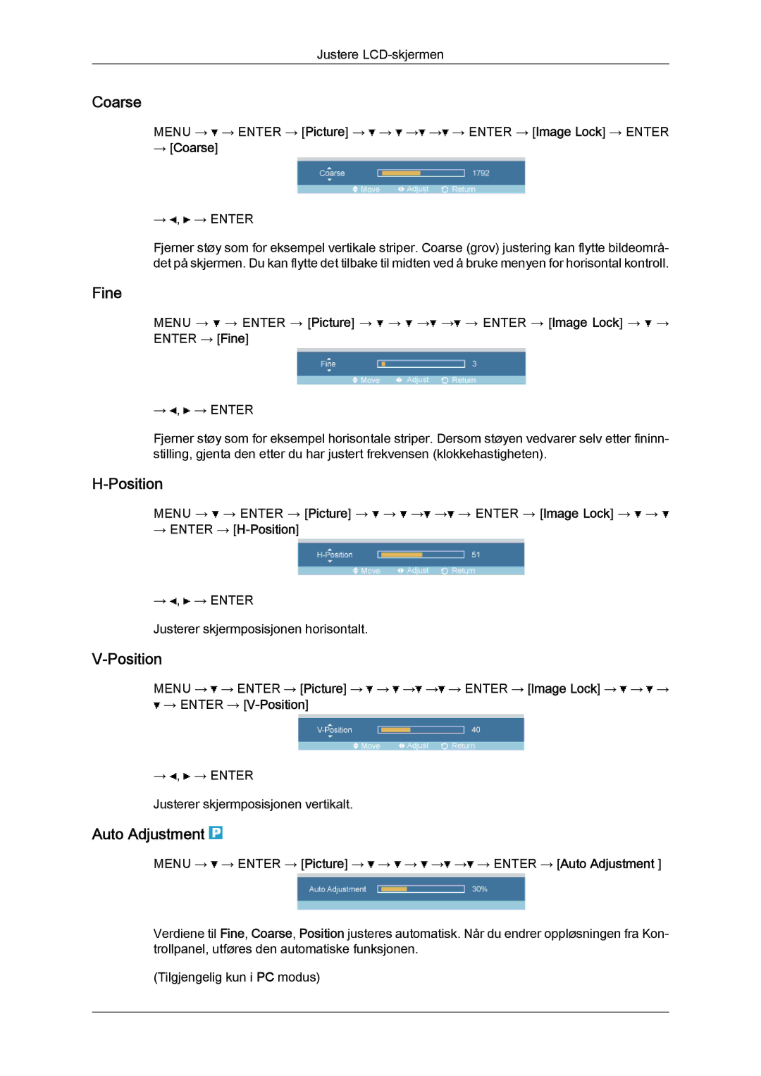 Samsung LH32TCTMBC/EN manual Coarse, Fine, Position, Auto Adjustment 