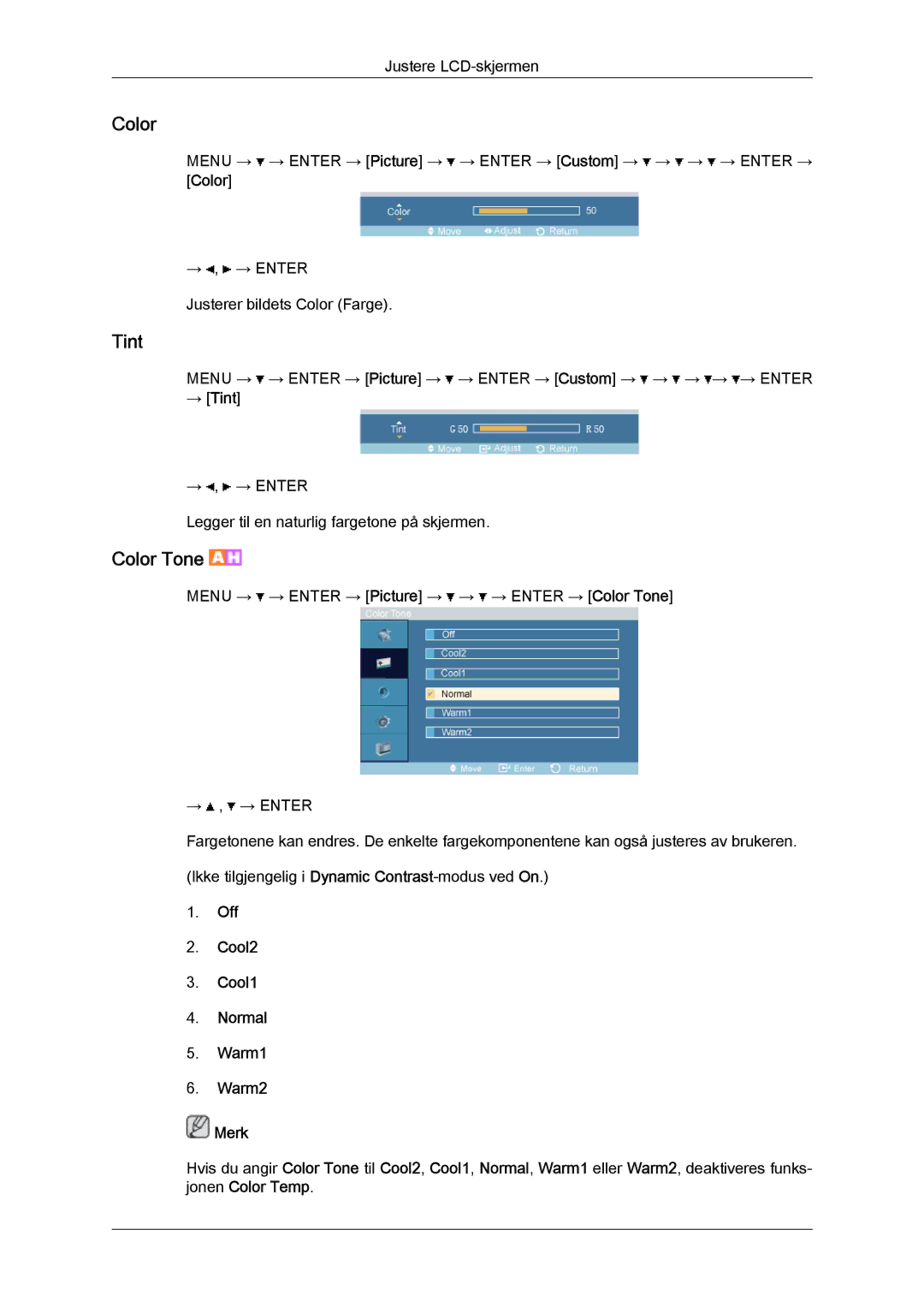 Samsung LH32TCTMBC/EN manual Color, → Tint, Off Cool2 Cool1 Normal Warm1 Warm2 Merk 