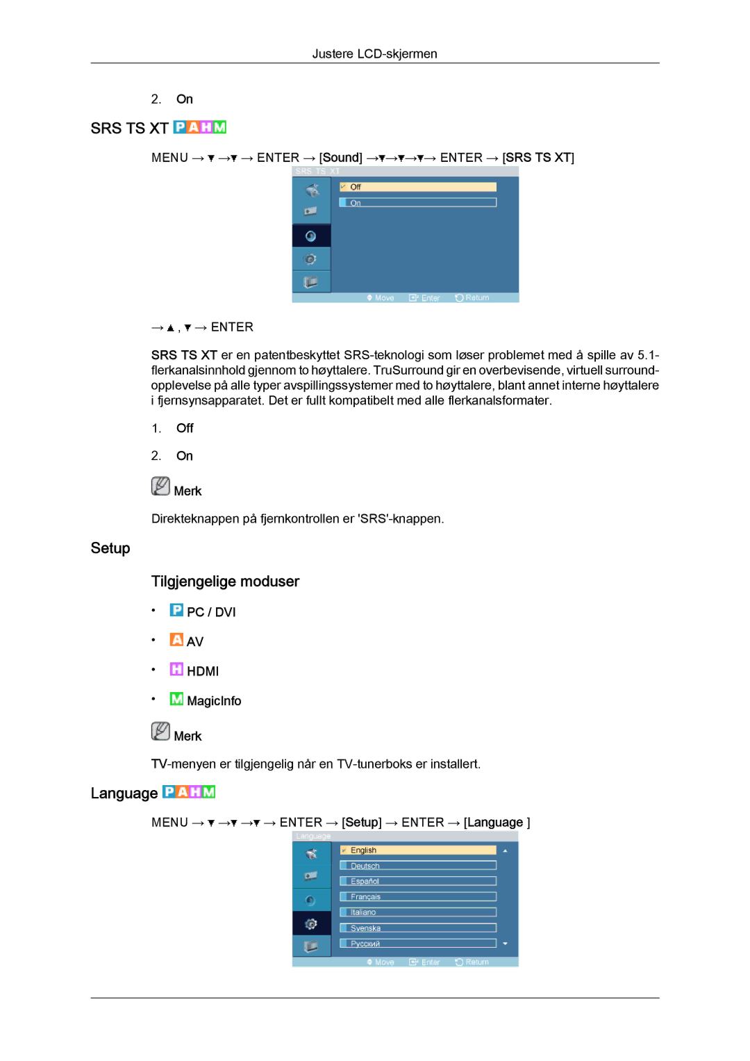 Samsung LH32TCTMBC/EN manual Setup Tilgjengelige moduser, Language, Off Merk 