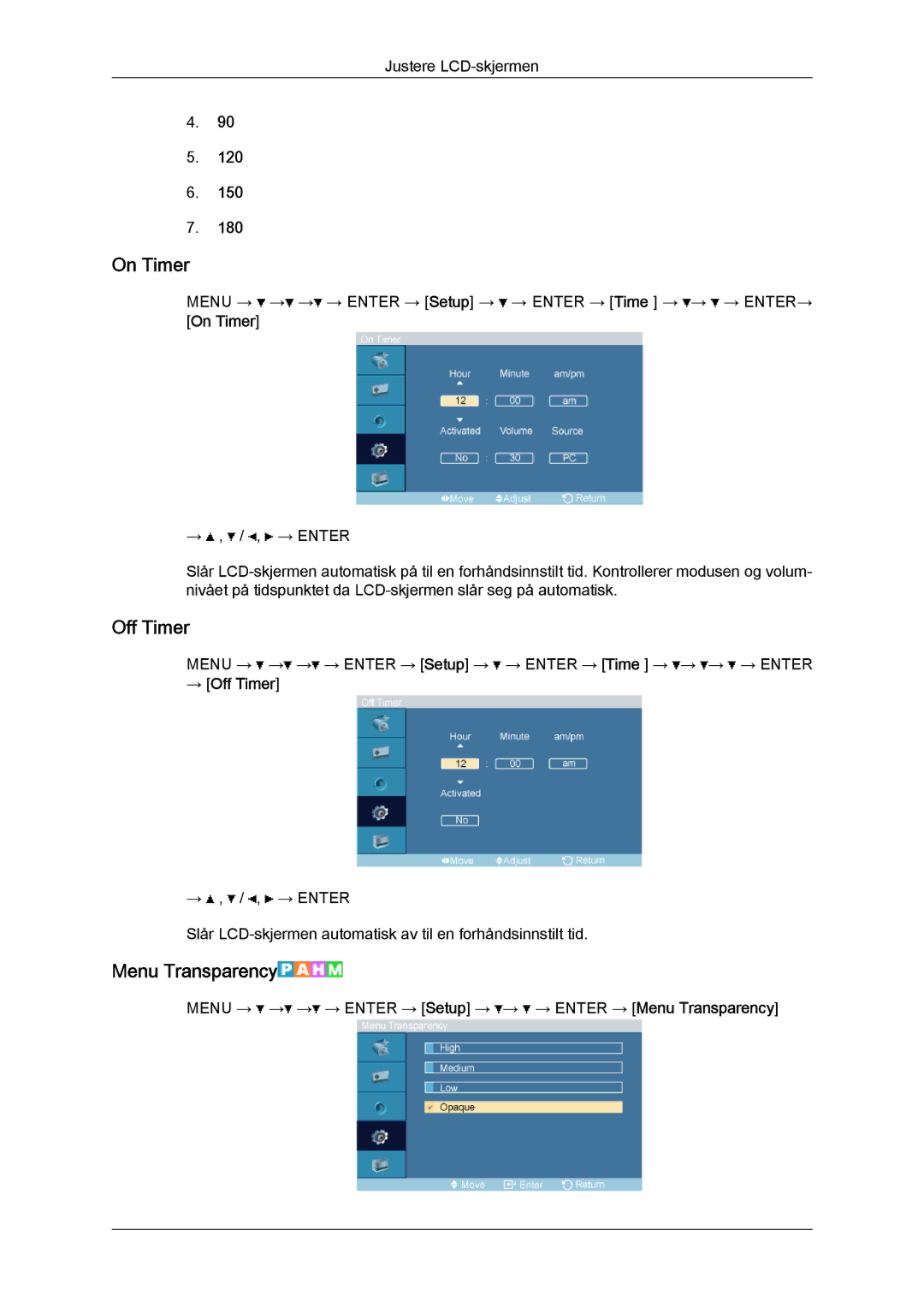 Samsung LH32TCTMBC/EN manual On Timer, Menu Transparency, → Off Timer 