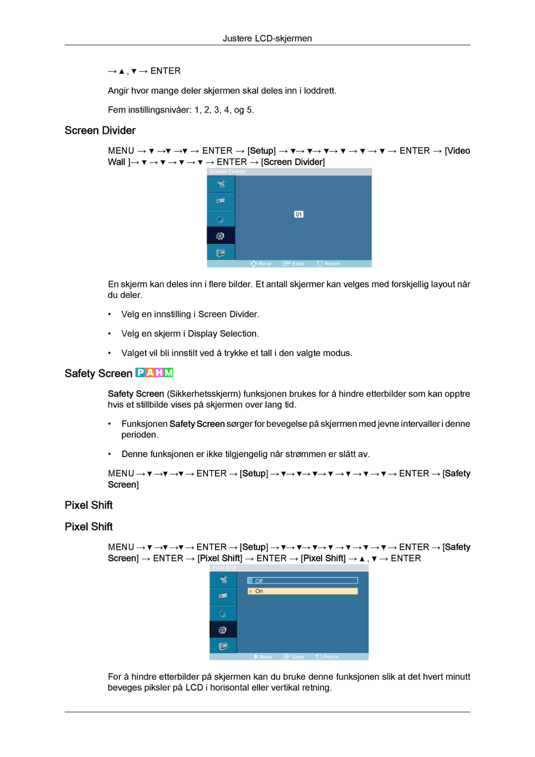 Samsung LH32TCTMBC/EN manual Screen Divider, Safety Screen, Pixel Shift 