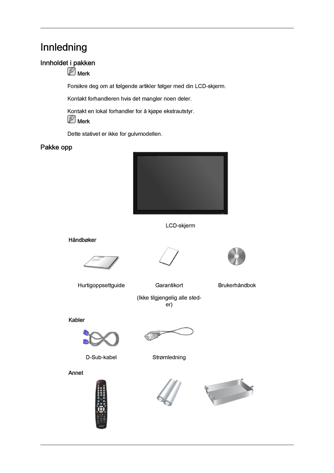 Samsung LH32TCTMBC/EN manual Innholdet i pakken, Pakke opp, Håndbøker, Kabler, Annet 