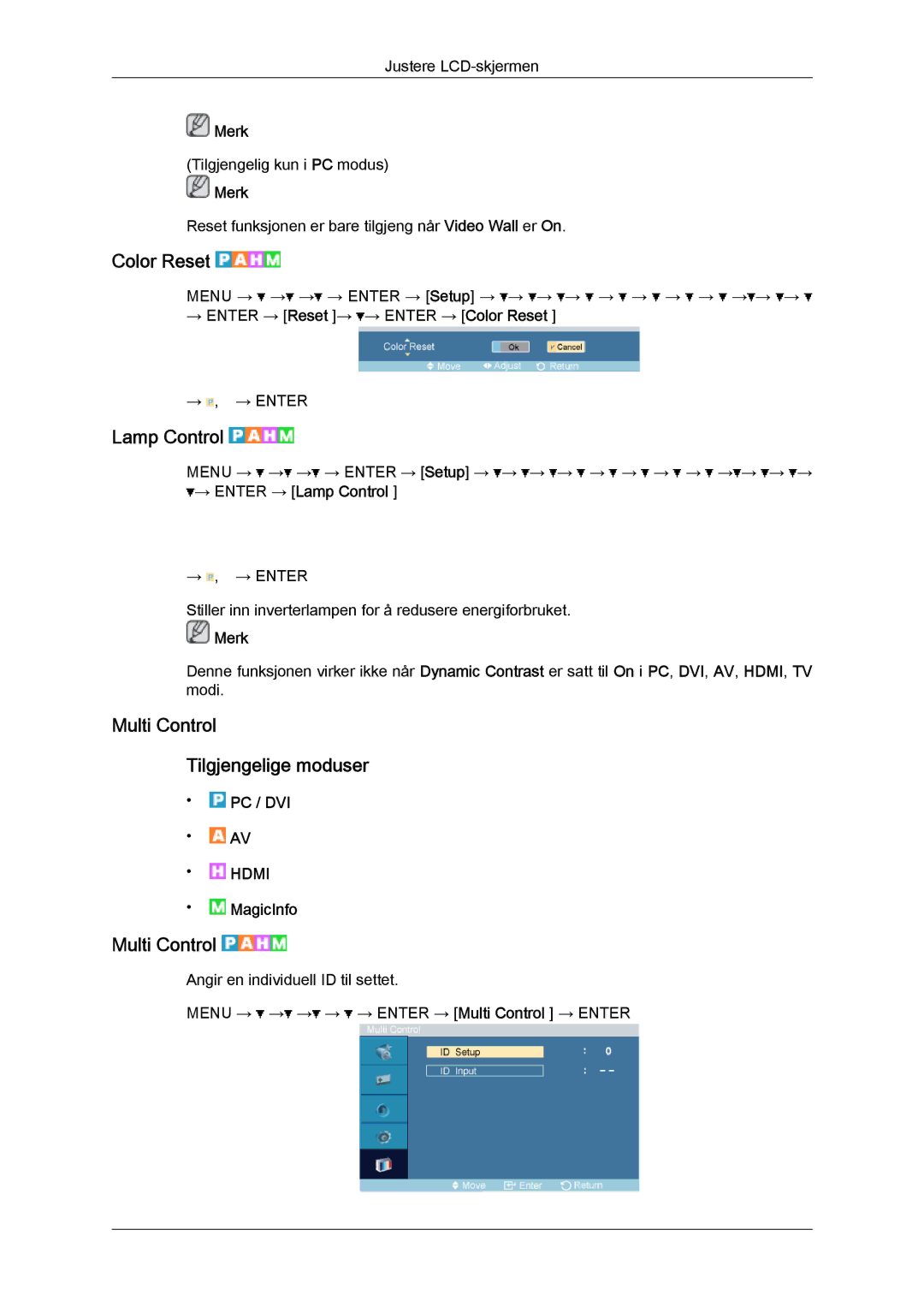 Samsung LH32TCTMBC/EN manual Color Reset, Lamp Control, Multi Control Tilgjengelige moduser 