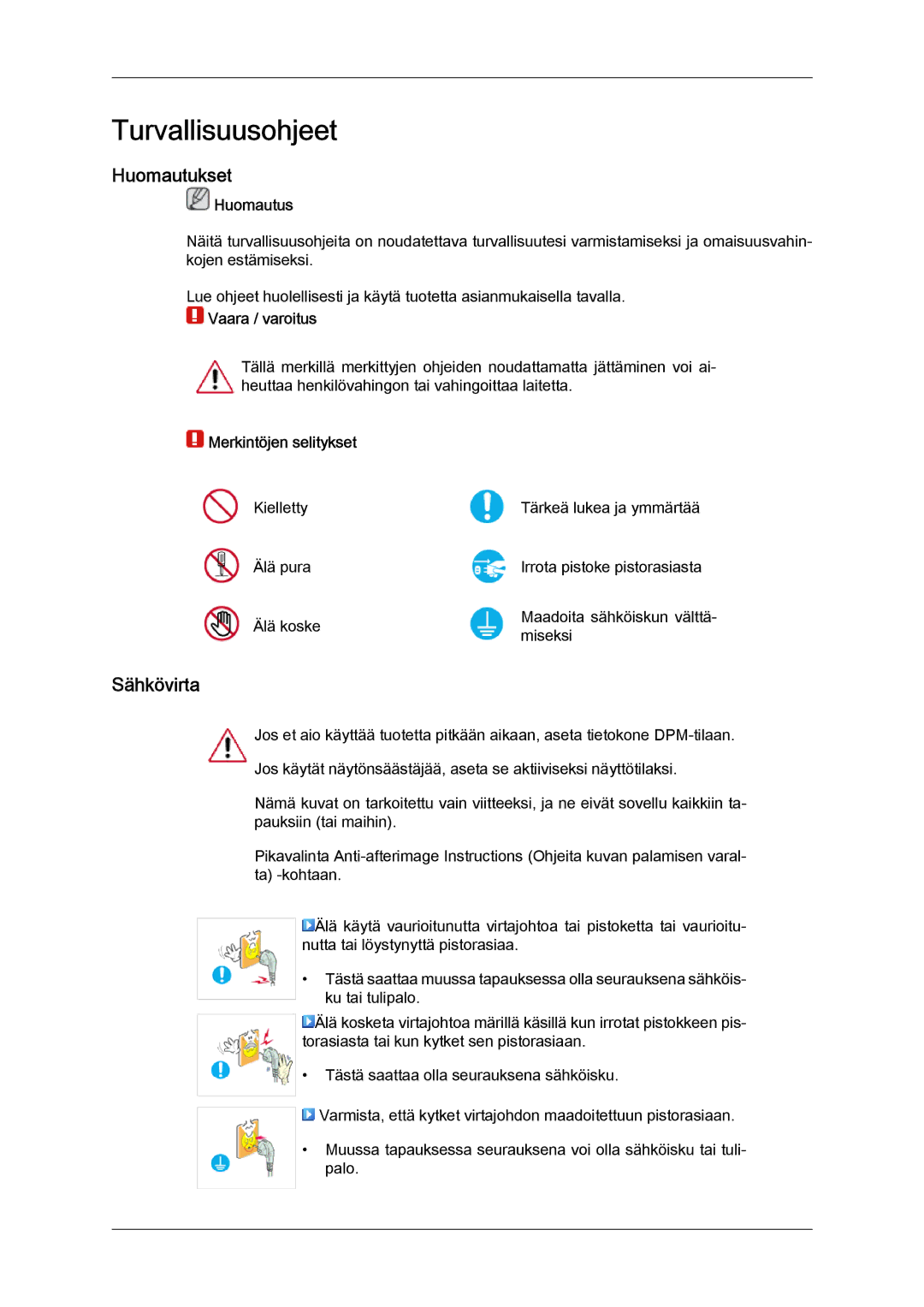 Samsung LH32TCTMBC/EN manual Huomautukset, Sähkövirta, Huomautus, Vaara / varoitus, Merkintöjen selitykset 