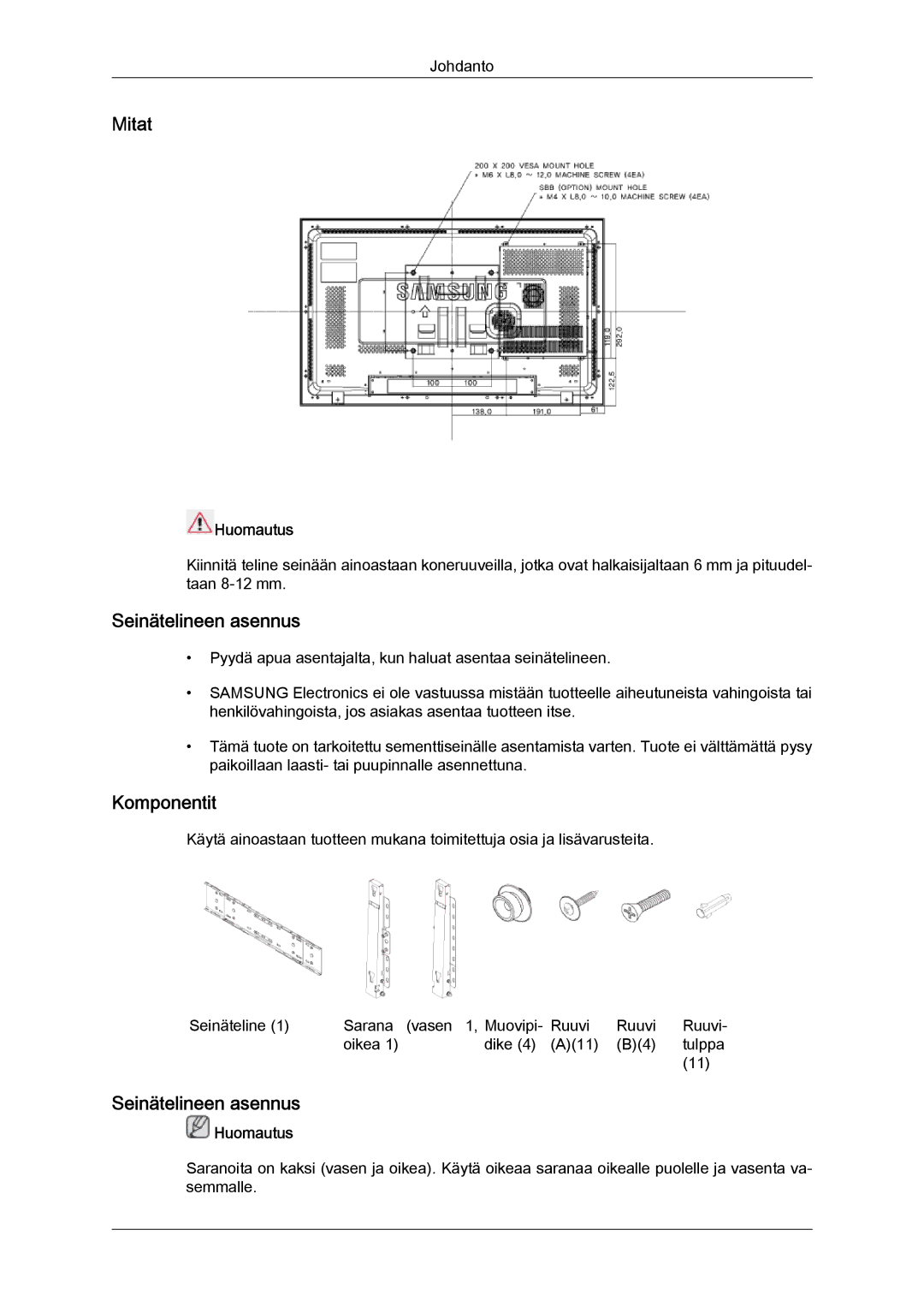 Samsung LH32TCTMBC/EN manual Mitat, Seinätelineen asennus, Komponentit 