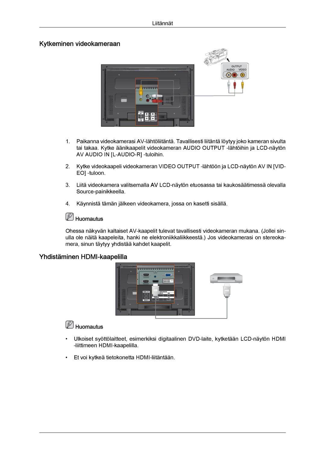 Samsung LH32TCTMBC/EN manual Kytkeminen videokameraan, Yhdistäminen HDMI-kaapelilla 