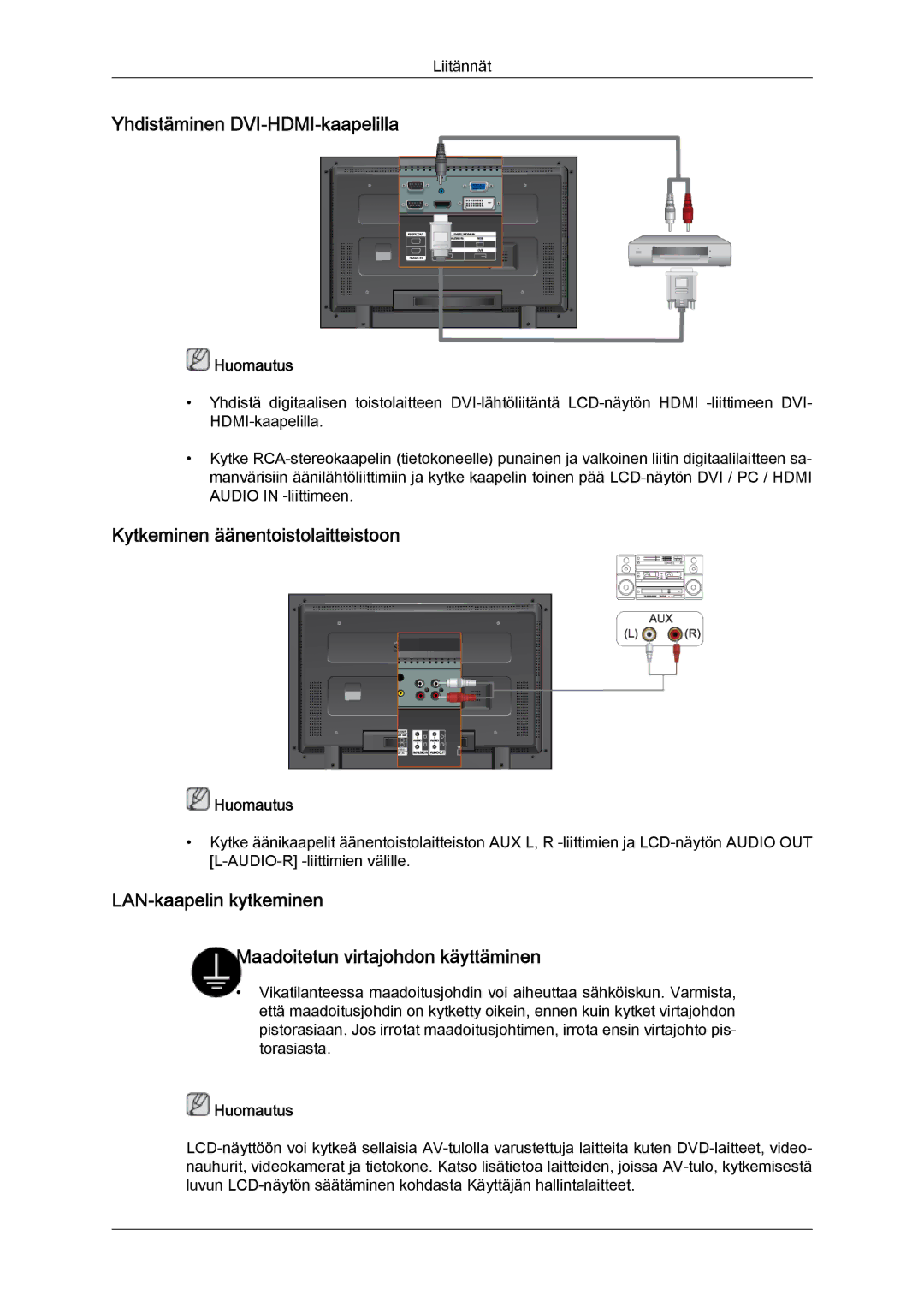 Samsung LH32TCTMBC/EN manual Yhdistäminen DVI-HDMI-kaapelilla, Kytkeminen äänentoistolaitteistoon 