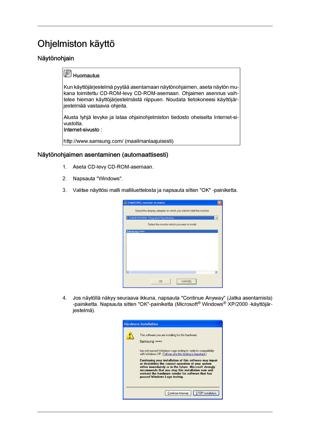 Samsung LH32TCTMBC/EN manual Näytönohjain, Näytönohjaimen asentaminen automaattisesti, Internet-sivusto 