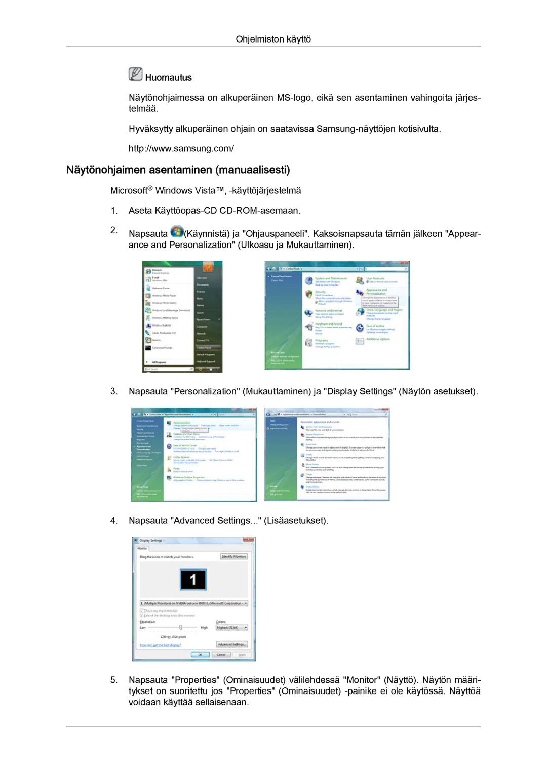 Samsung LH32TCTMBC/EN manual Näytönohjaimen asentaminen manuaalisesti 