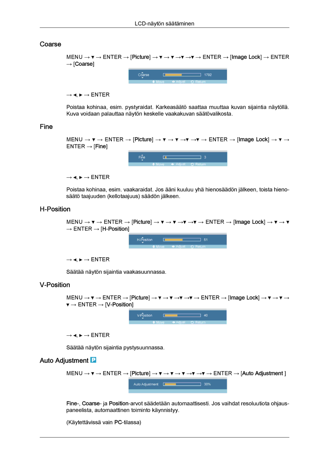 Samsung LH32TCTMBC/EN manual Coarse, Fine, Position, Auto Adjustment 