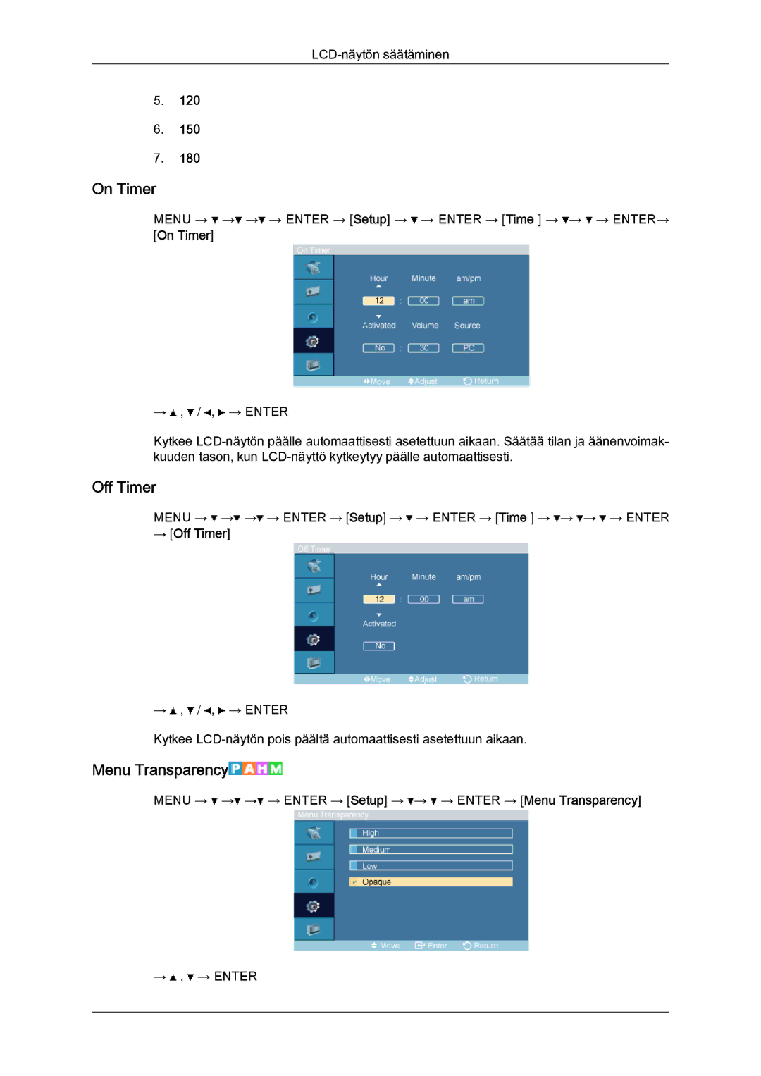 Samsung LH32TCTMBC/EN manual On Timer, Menu Transparency, → Off Timer 