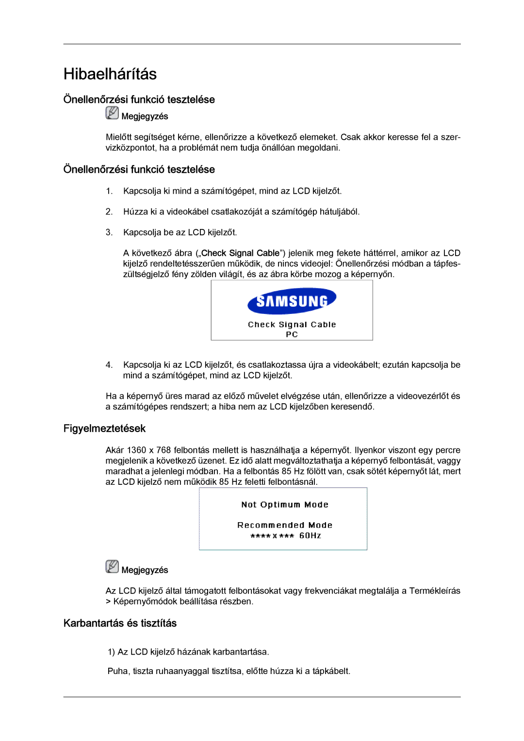 Samsung LH32TCTMBC/EN manual Önellenőrzési funkció tesztelése, Figyelmeztetések, Karbantartás és tisztítás 