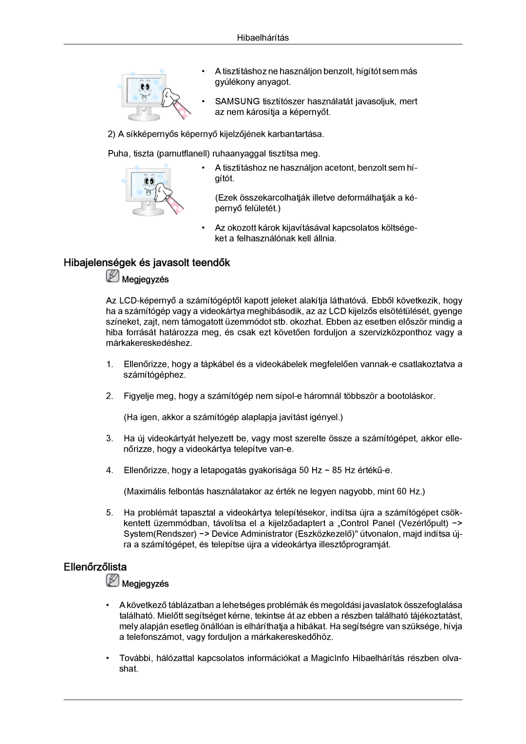 Samsung LH32TCTMBC/EN manual Hibajelenségek és javasolt teendők, Ellenőrzőlista 