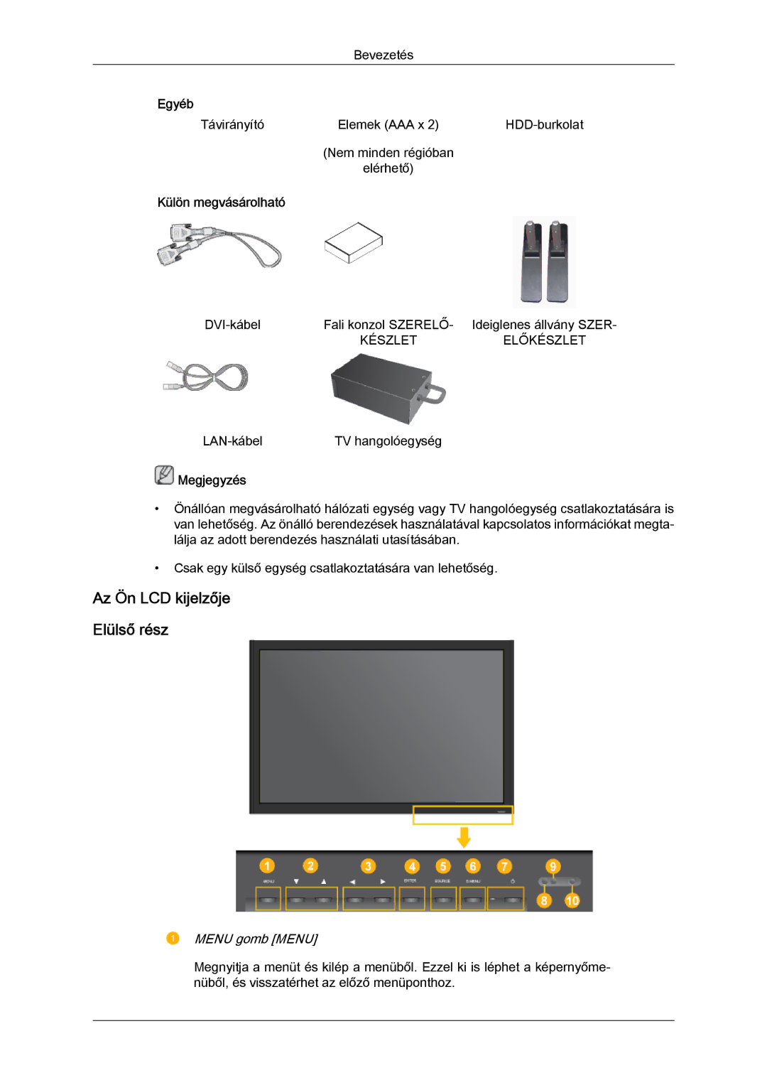 Samsung LH32TCTMBC/EN manual Az Ön LCD kijelzője Elülső rész, Külön megvásárolható 