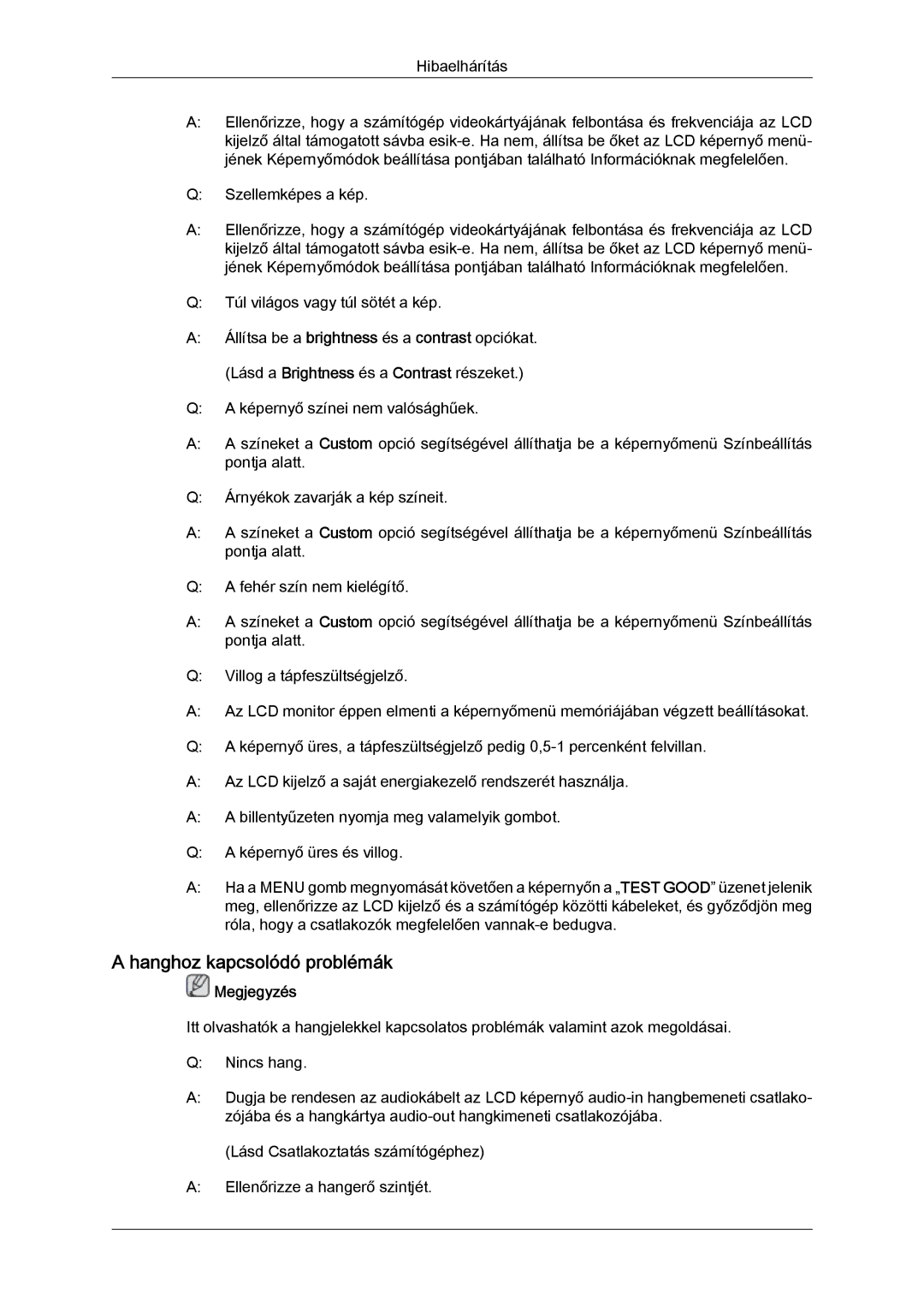 Samsung LH32TCTMBC/EN manual Hanghoz kapcsolódó problémák 