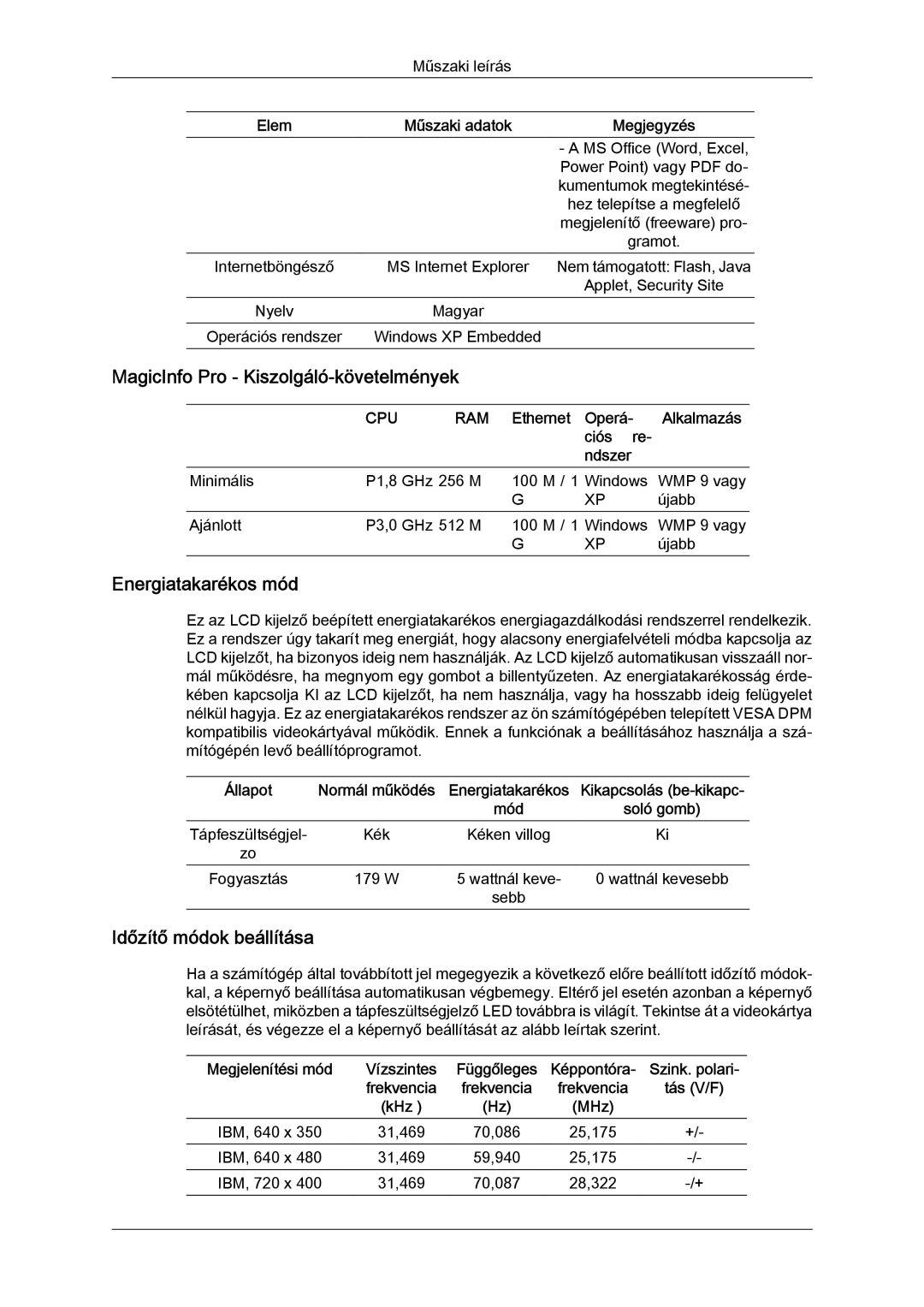 Samsung LH32TCTMBC/EN manual MagicInfo Pro Kiszolgáló-követelmények, Energiatakarékos mód, Időzítő módok beállítása 