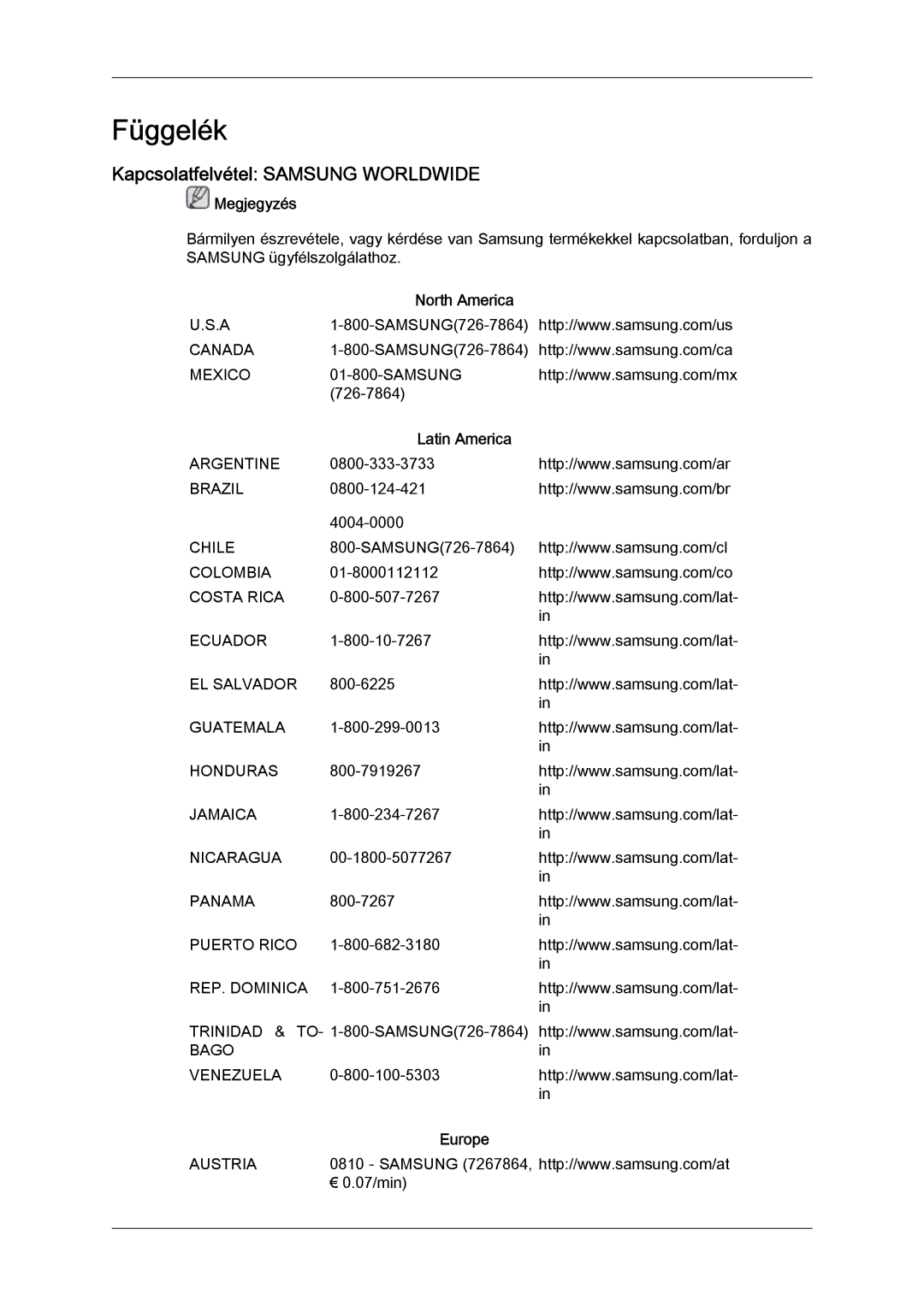 Samsung LH32TCTMBC/EN manual Kapcsolatfelvétel Samsung Worldwide, North America, Latin America, Europe 