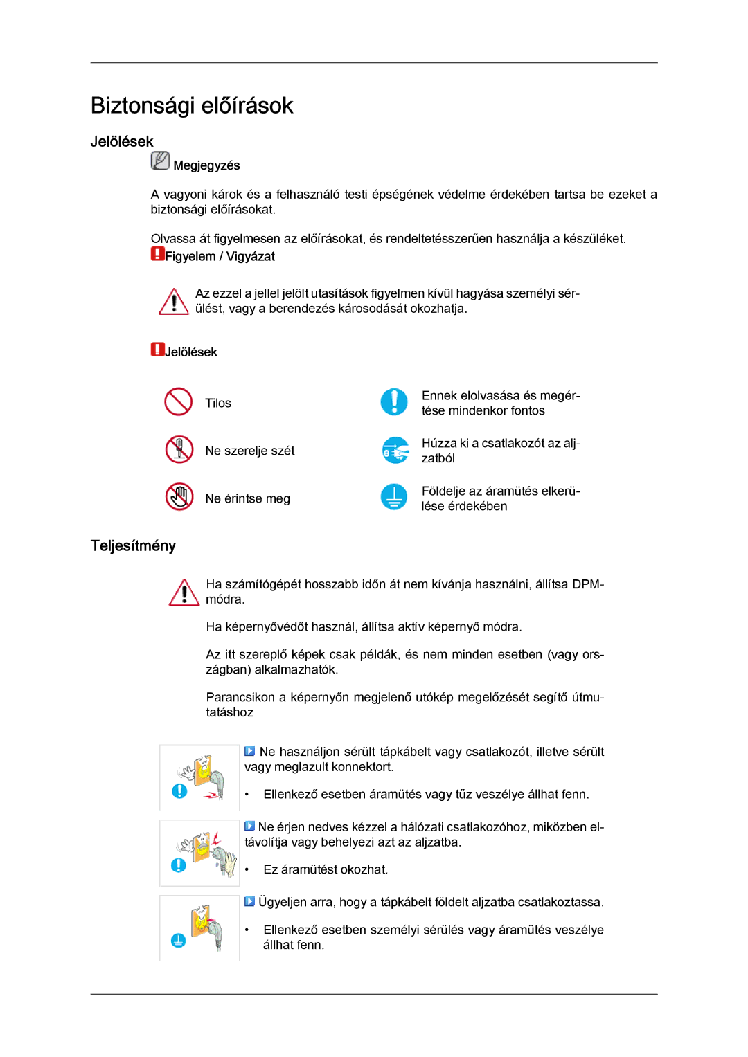 Samsung LH32TCTMBC/EN manual Jelölések, Teljesítmény, Megjegyzés, Figyelem / Vigyázat 