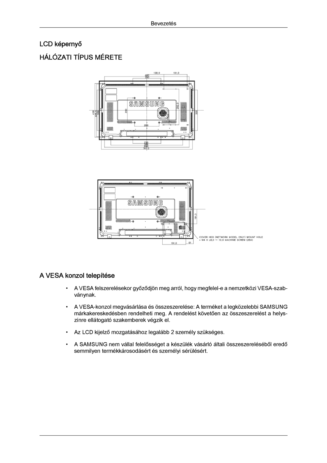 Samsung LH32TCTMBC/EN manual LCD képernyő, Vesa konzol telepítése 