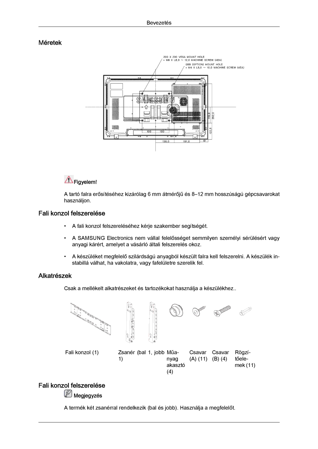 Samsung LH32TCTMBC/EN manual Méretek, Fali konzol felszerelése, Alkatrészek, Figyelem 