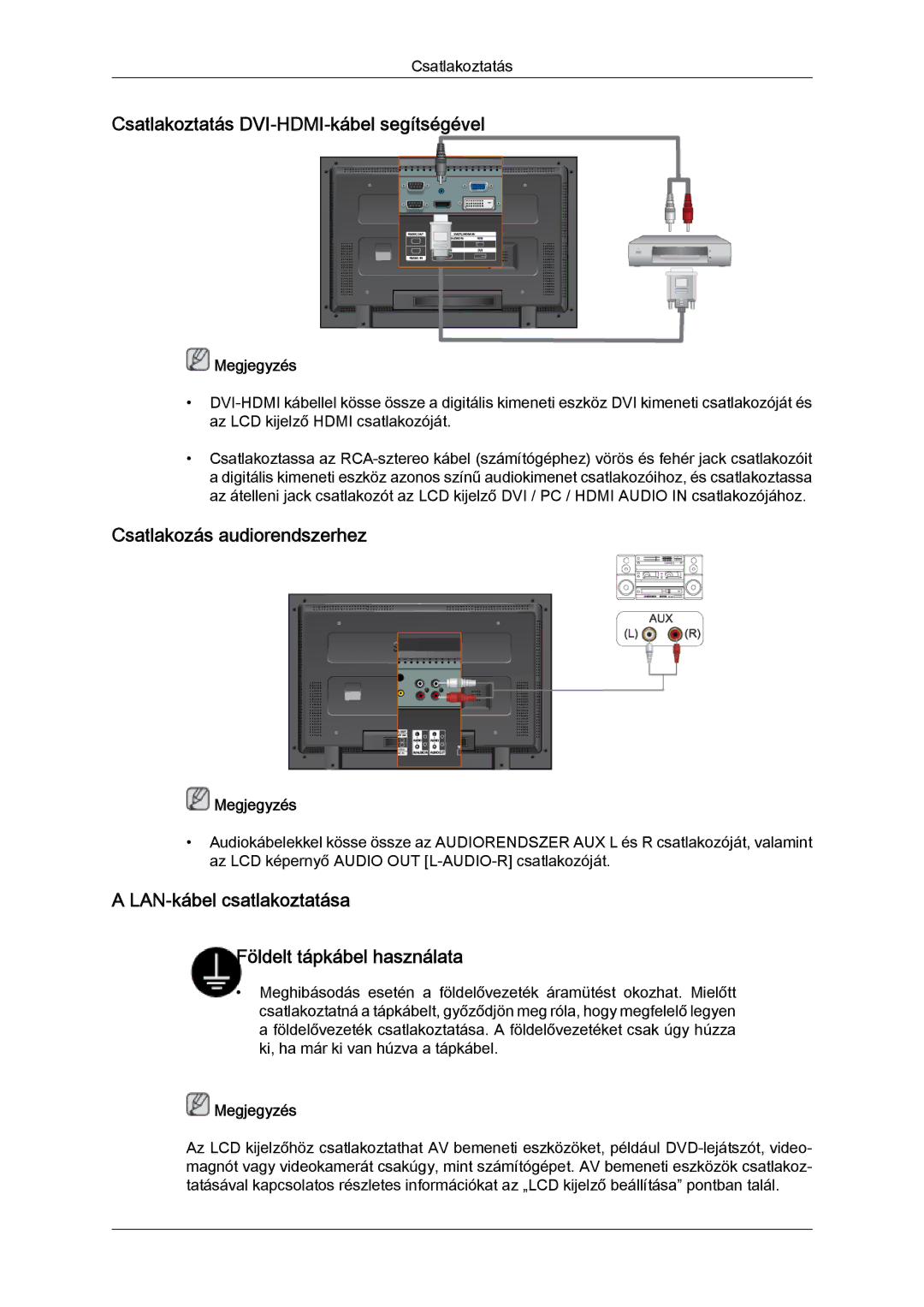 Samsung LH32TCTMBC/EN manual Csatlakoztatás DVI-HDMI-kábel segítségével, Csatlakozás audiorendszerhez 