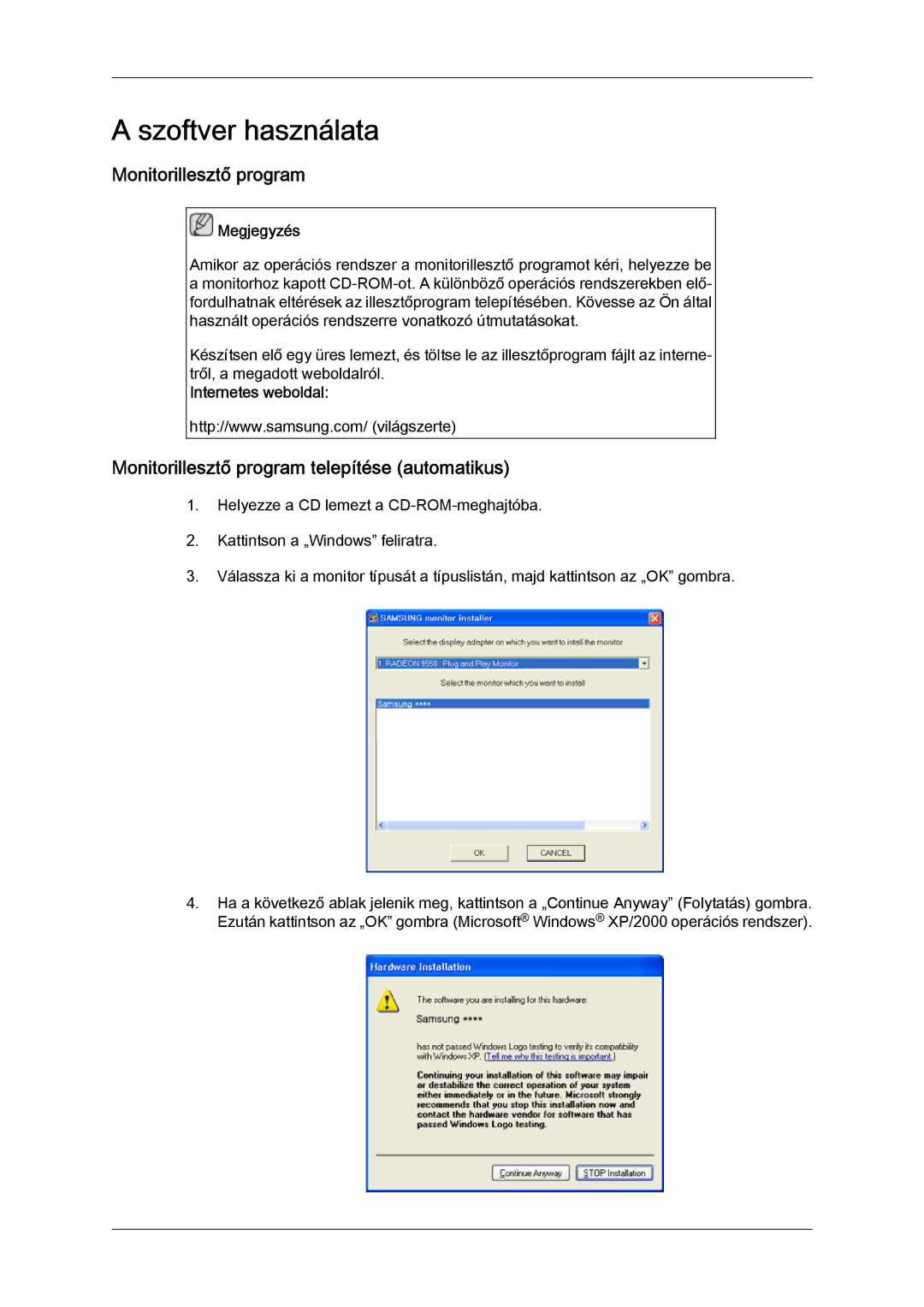 Samsung LH32TCTMBC/EN manual Monitorillesztő program telepítése automatikus, Internetes weboldal 