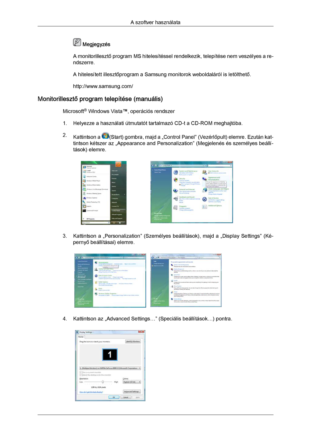 Samsung LH32TCTMBC/EN manual Monitorillesztő program telepítése manuális 