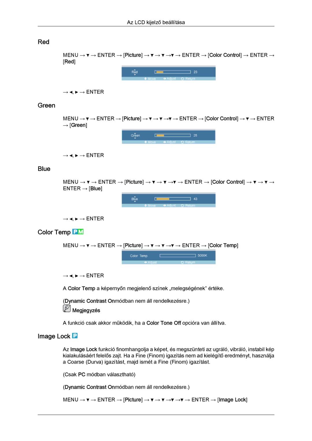 Samsung LH32TCTMBC/EN manual Red, Green, Blue, Color Temp, Image Lock 