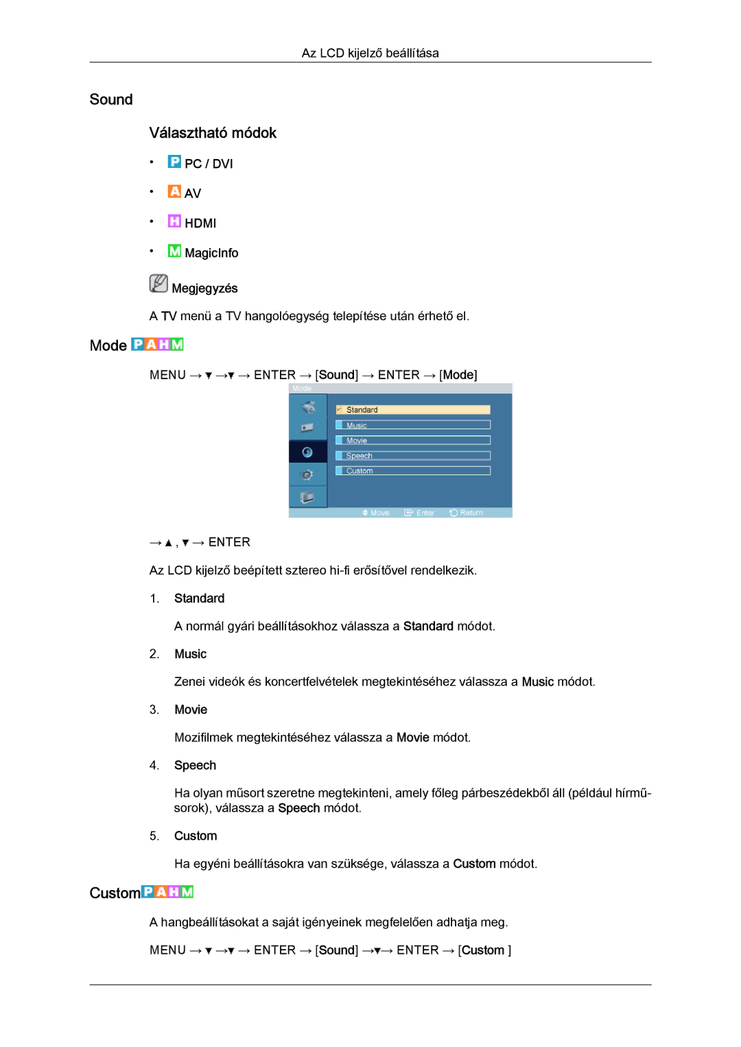 Samsung LH32TCTMBC/EN manual Sound Választható módok, Music, Speech 
