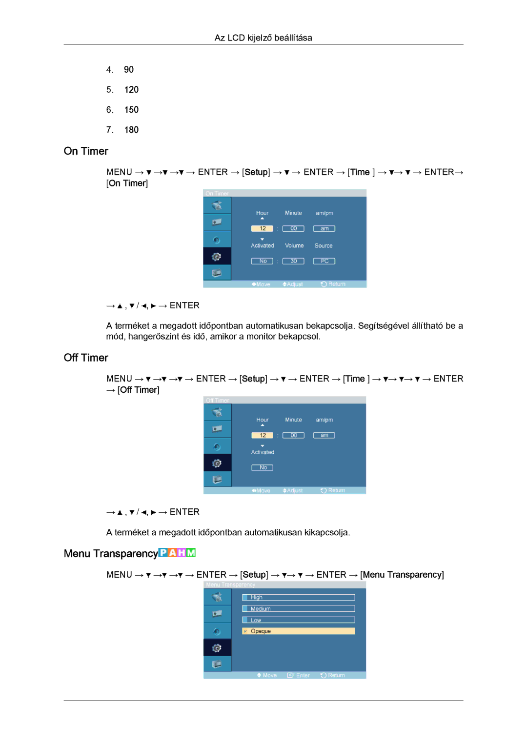 Samsung LH32TCTMBC/EN manual On Timer, Menu Transparency, → Off Timer 