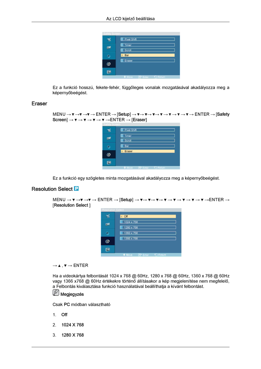 Samsung LH32TCTMBC/EN manual Eraser, Resolution Select, Off 1024 X 1280 X 