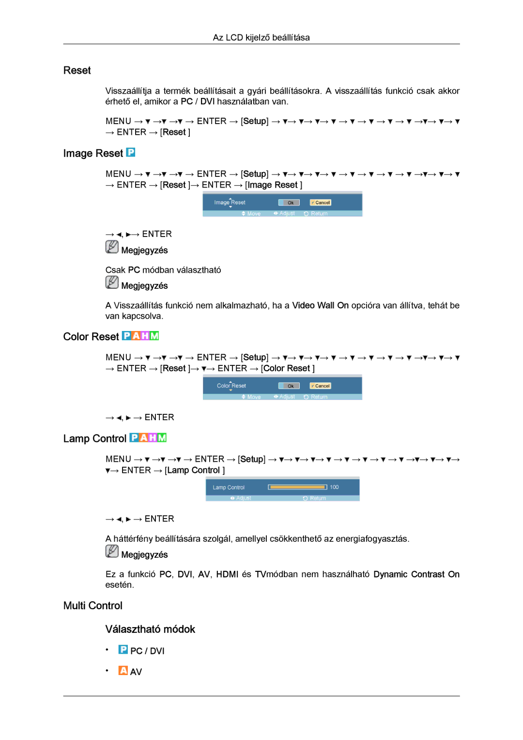 Samsung LH32TCTMBC/EN manual Image Reset, Color Reset, Lamp Control, Multi Control Választható módok 