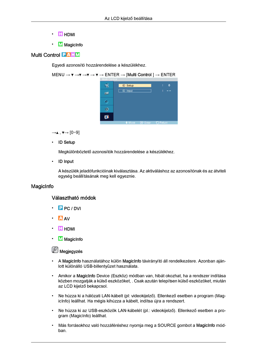 Samsung LH32TCTMBC/EN manual Multi Control, MagicInfo Választható módok, ID Setup, ID Input 