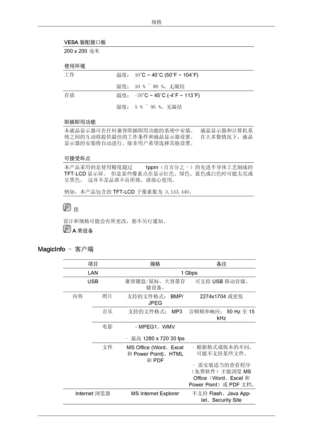 Samsung LH32TCTMBC/EN manual MagicInfo 客户端, 使用环境, 即插即用功能, 可接受坏点 