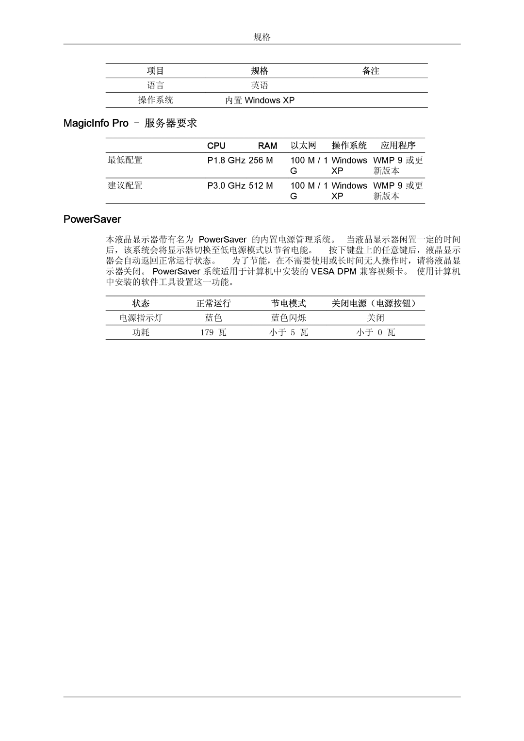 Samsung LH32TCTMBC/EN manual MagicInfo Pro 服务器要求, PowerSaver, 以太网 操作系统 应用程序 