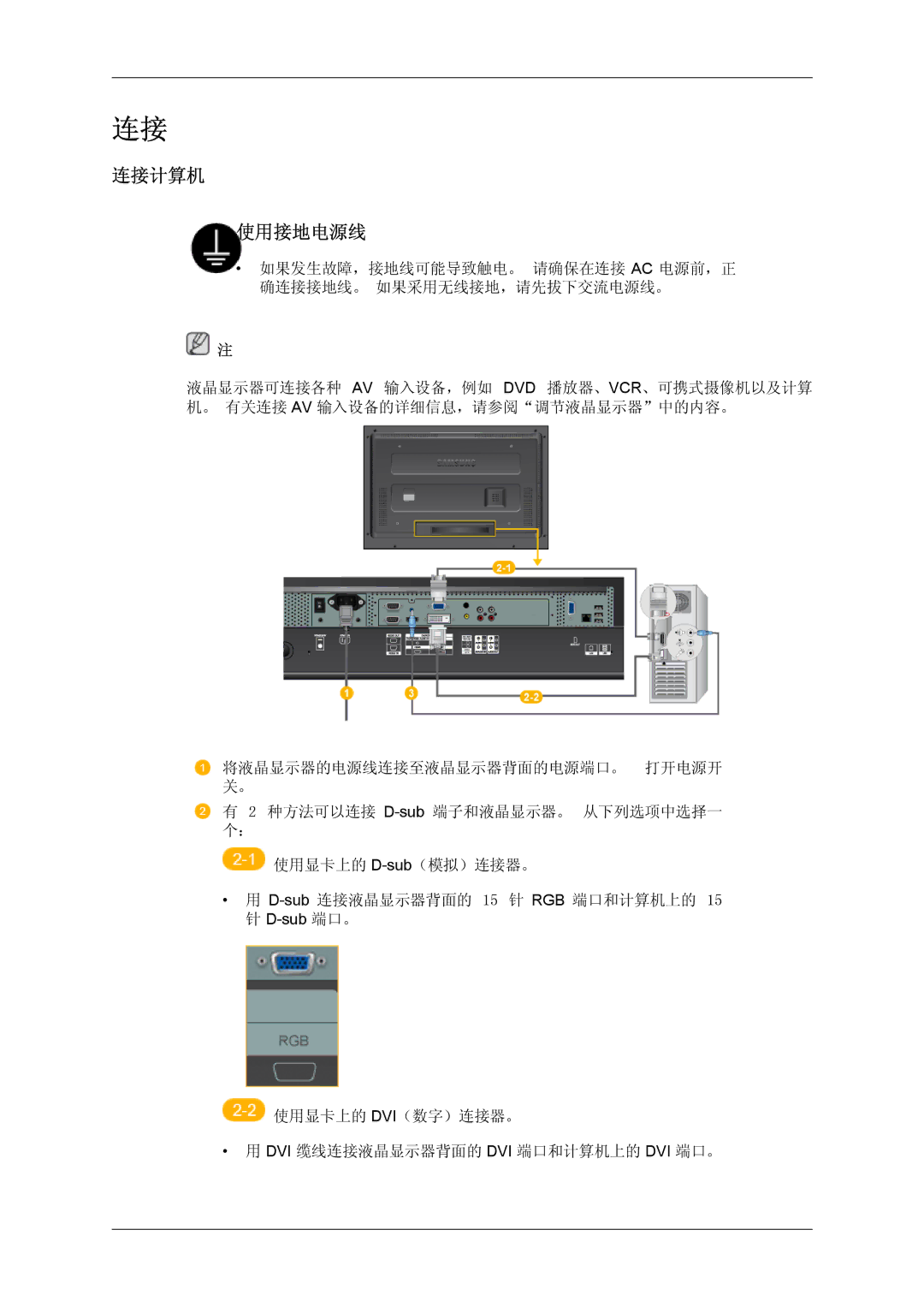 Samsung LH32TCTMBC/EN manual 连接计算机 使用接地电源线 