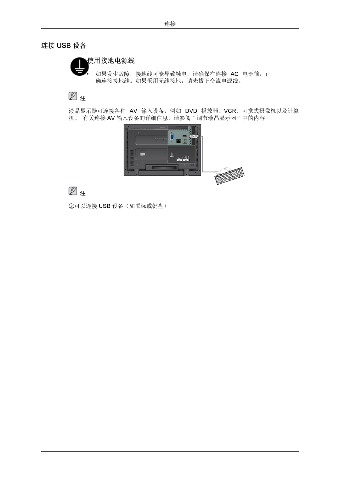 Samsung LH32TCTMBC/EN manual 连接 Usb 设备 使用接地电源线 