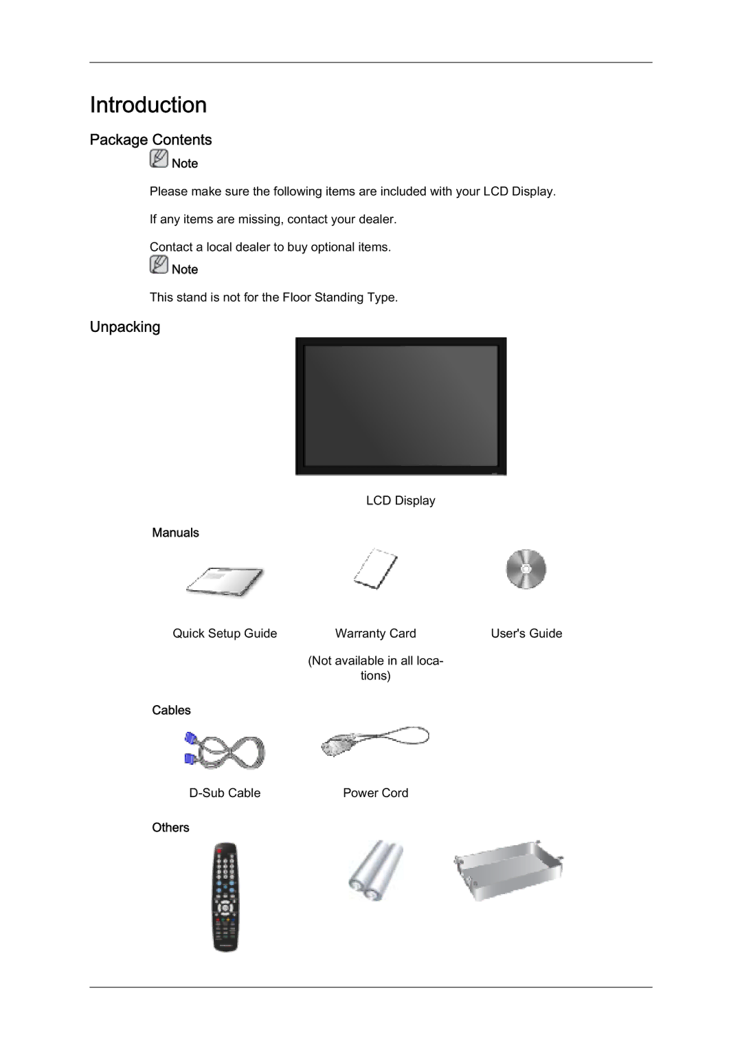 Samsung LH32TCUMBC/EN manual 3DFNDJH&RQWHQWV, 8QSDFNLQJ, 0DQXDOV, Deohv, 2WKHUV 