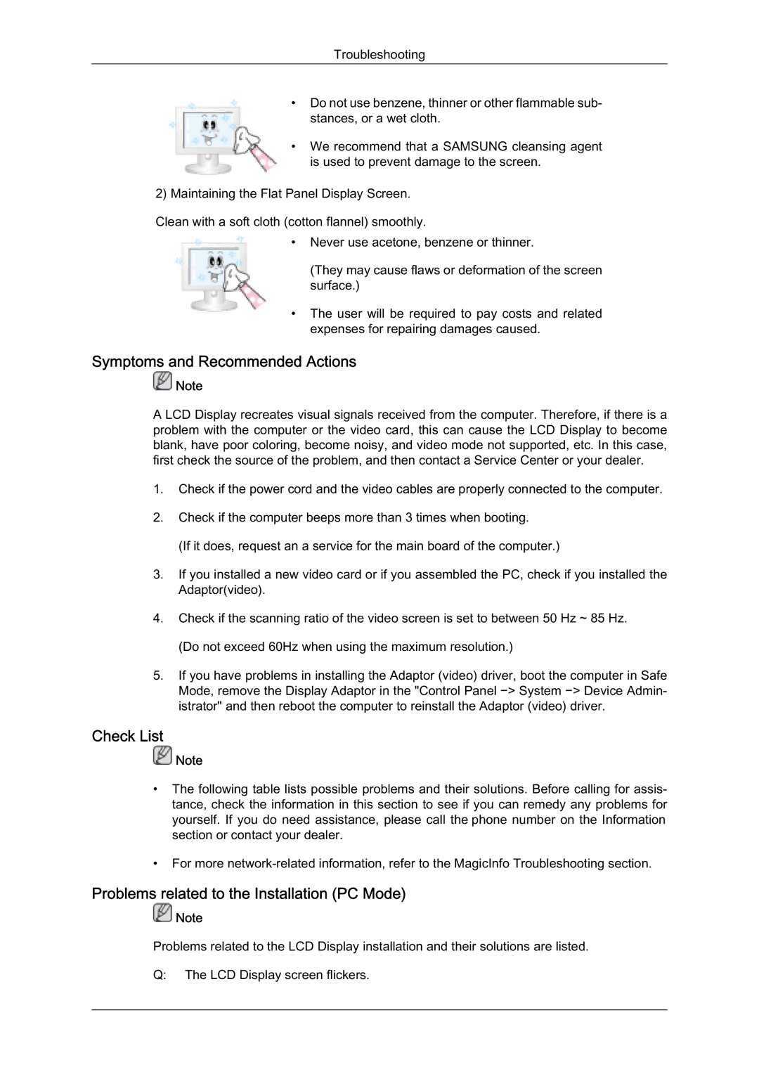 Samsung LH32TCUMBC/EN manual PSWRPVDQG5HFRPPHQGHG$FWLRQV, Khfn/Lvw, 3UREOHPVUHODWHGWRWKH,QVWDOODWLRQ3&0RGH 