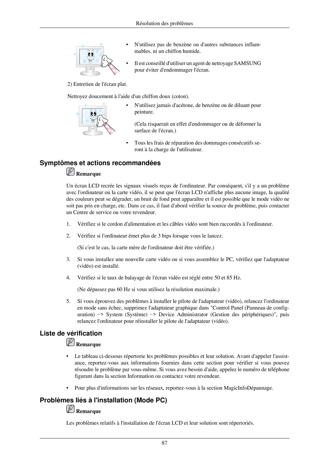 Samsung LH32TCUMBC/EN Symptômes et actions recommandées, Liste de vérification, Problèmes liés à linstallation Mode PC 