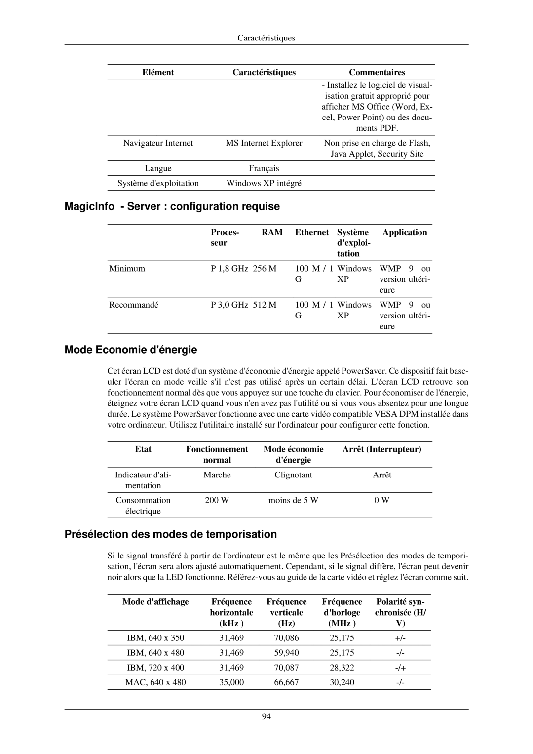 Samsung LH32TCUMBC/EN manual MagicInfo Server configuration requise, Mode Economie dénergie, Proces 