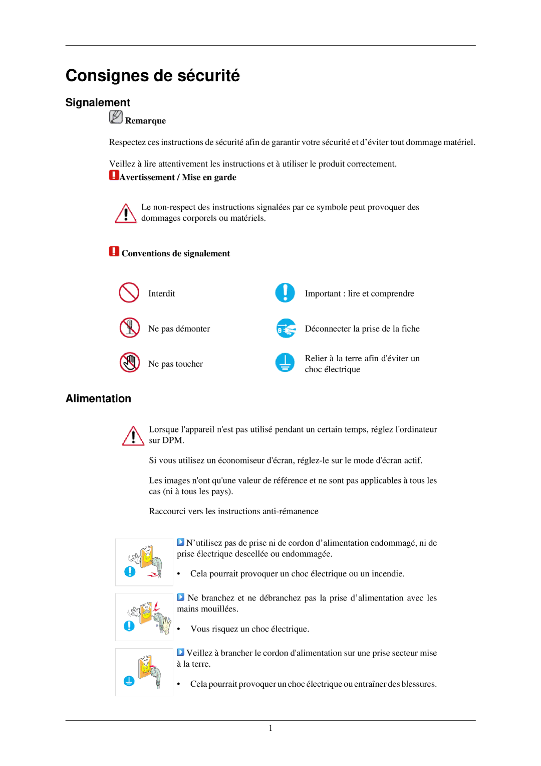 Samsung LH32TCUMBC/EN manual Signalement, Alimentation, Remarque, Avertissement / Mise en garde, Conventions de signalement 