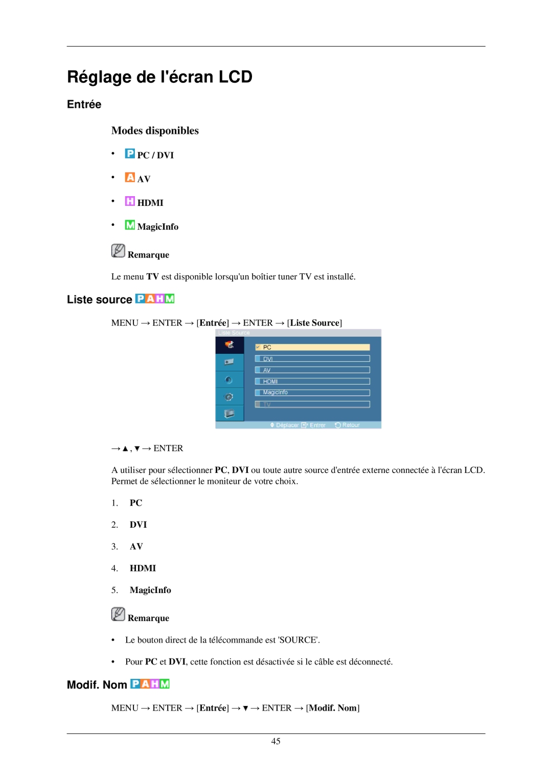 Samsung LH32TCUMBC/EN manual Entrée, Liste source, Modif. Nom 