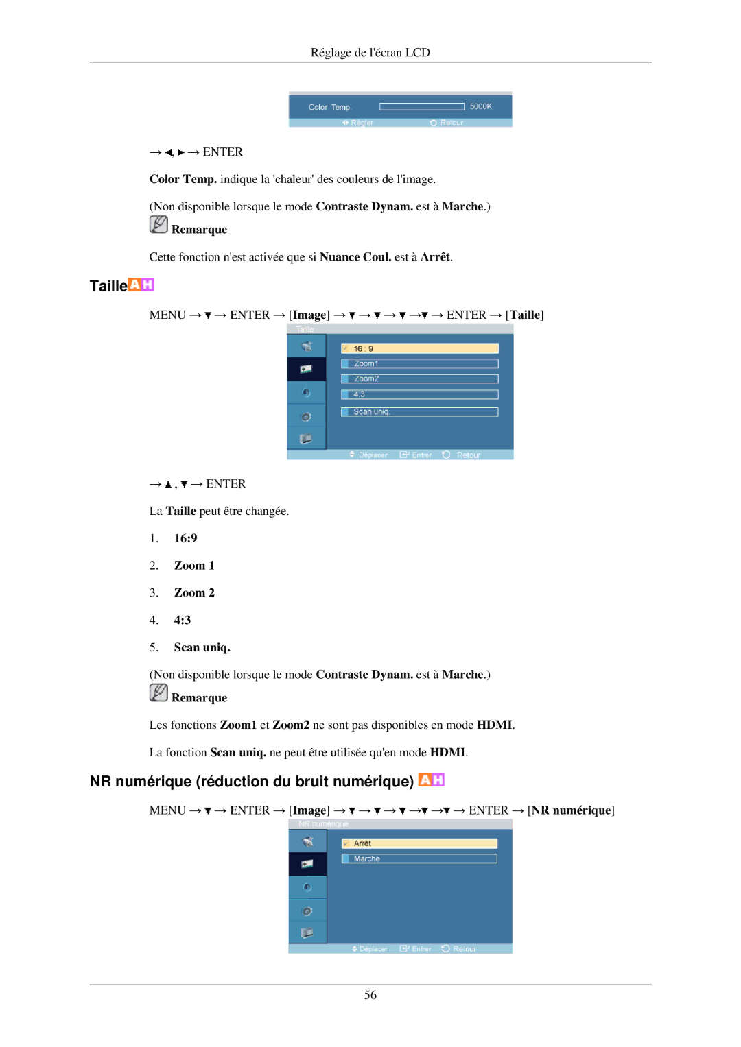 Samsung LH32TCUMBC/EN manual NR numérique réduction du bruit numérique, Zoom Scan uniq 