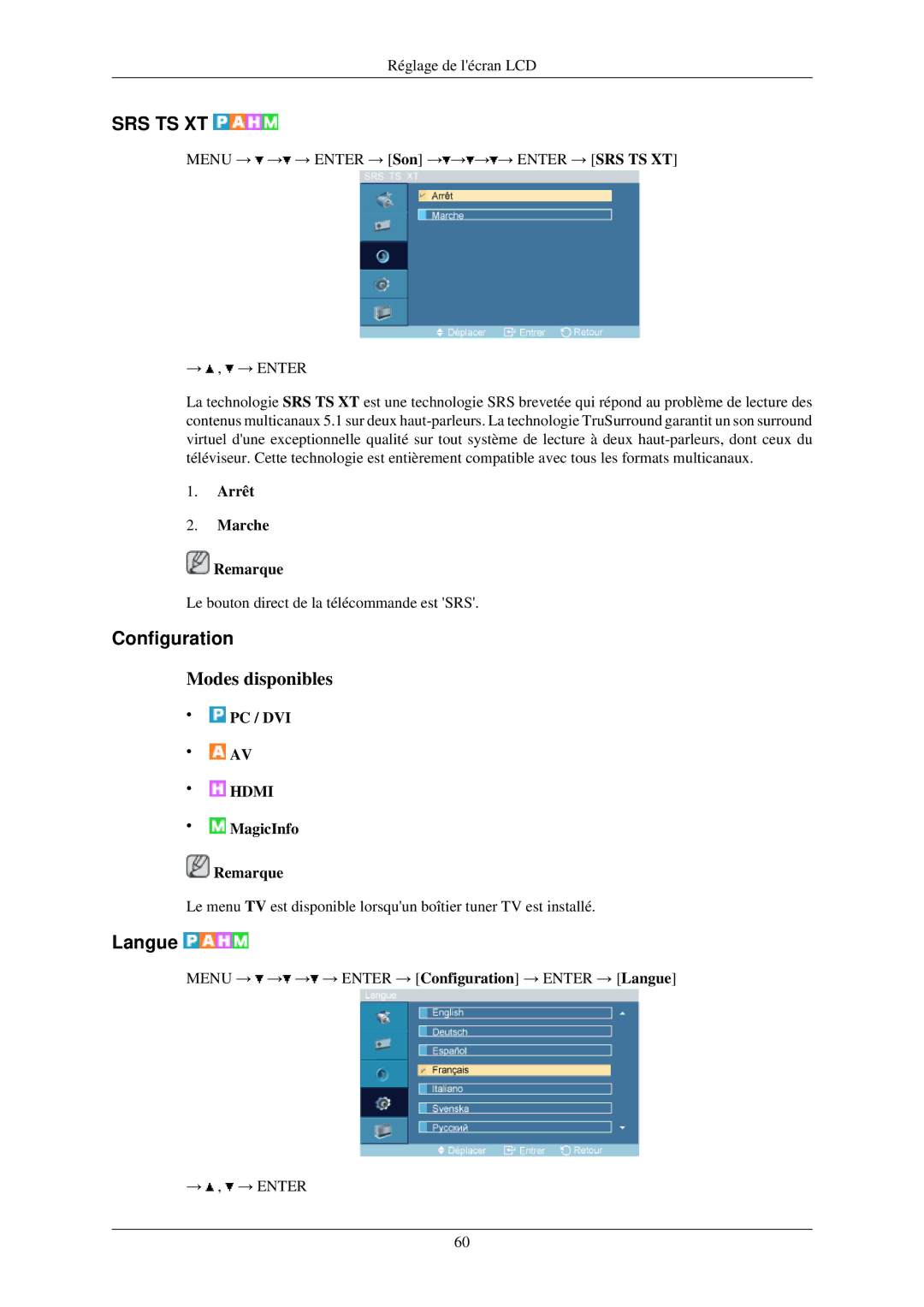 Samsung LH32TCUMBC/EN manual Configuration, Langue, Arrêt Marche Remarque 