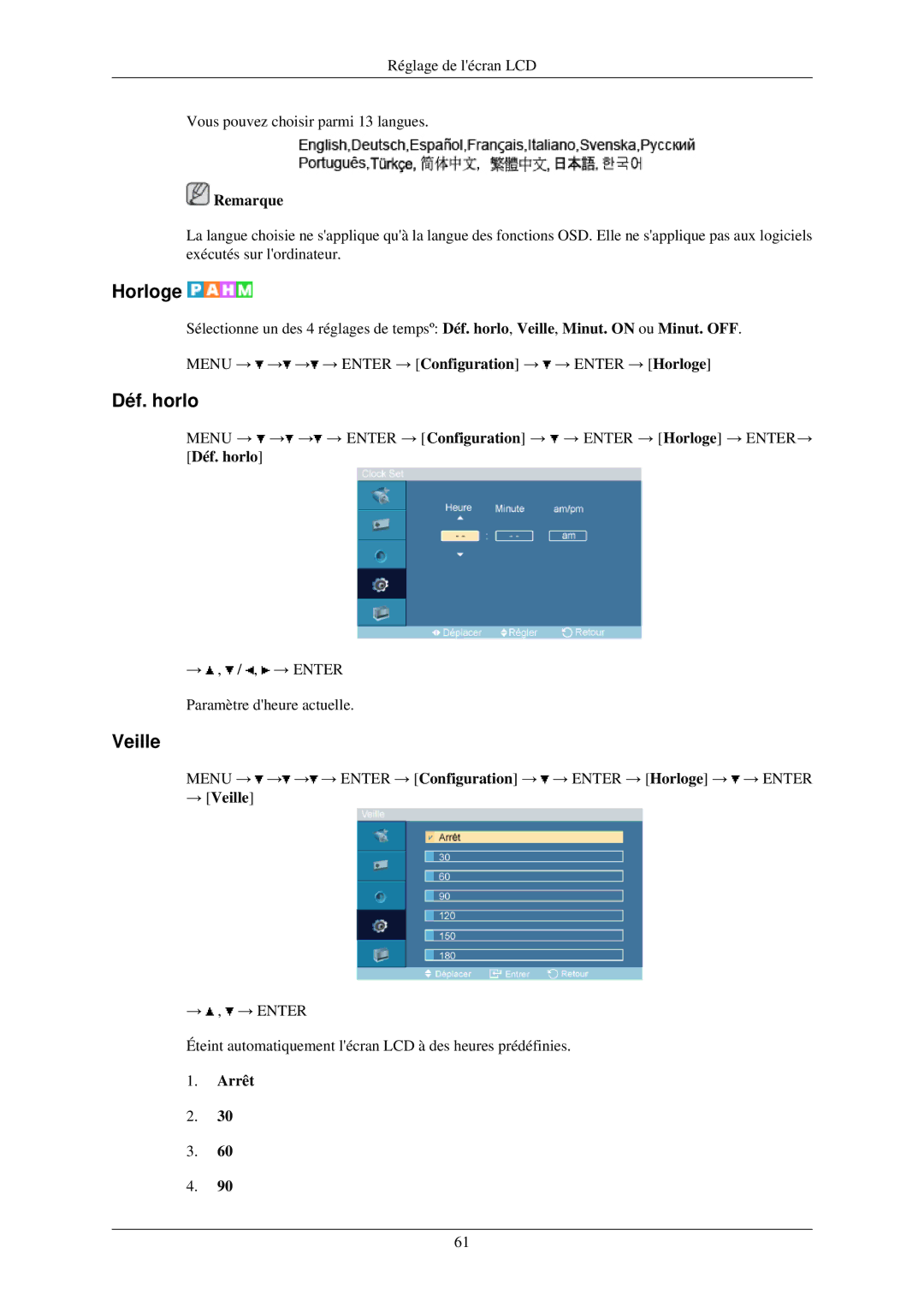 Samsung LH32TCUMBC/EN manual Horloge, Déf. horlo, → Veille, Arrêt 