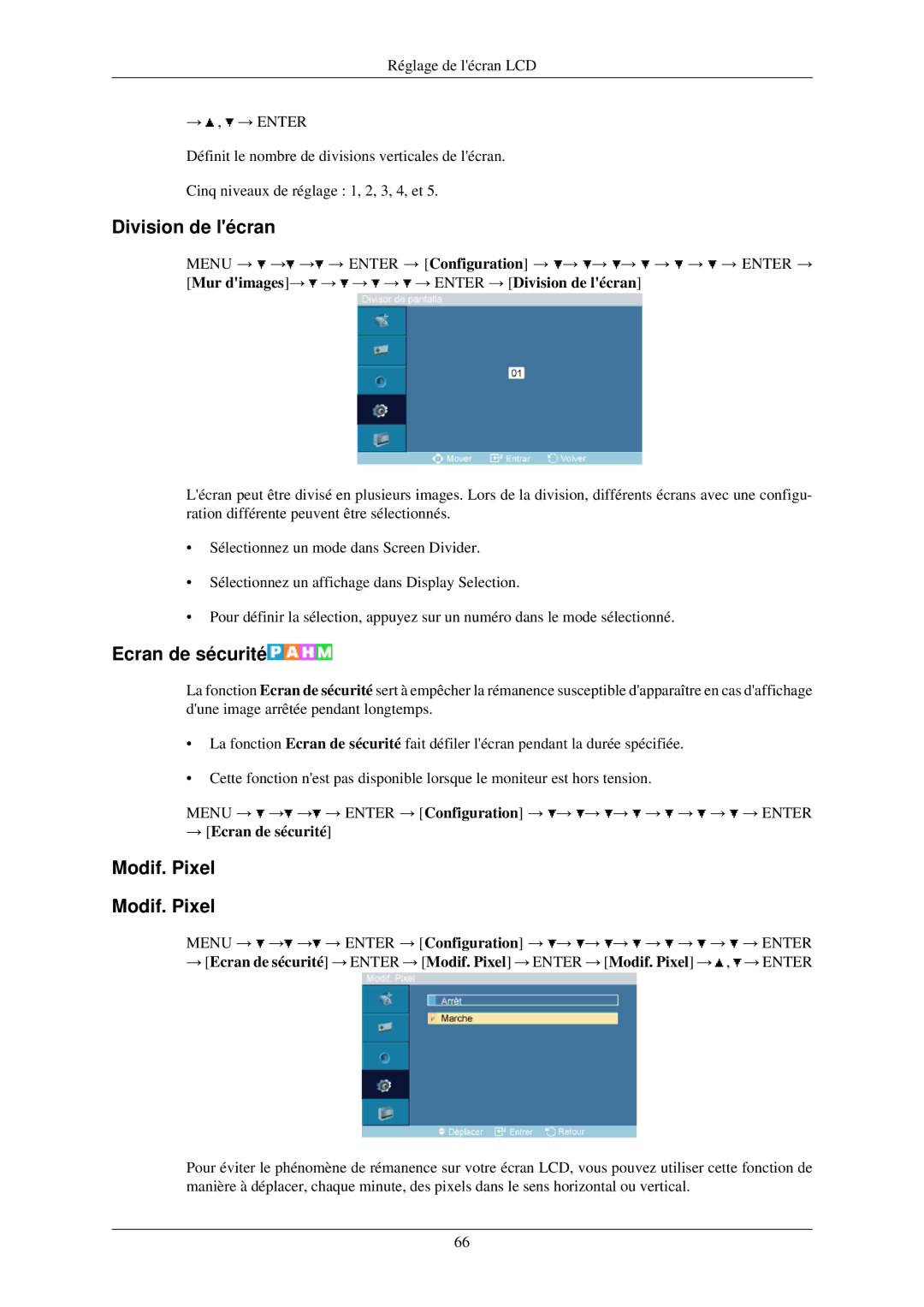 Samsung LH32TCUMBC/EN manual Division de lécran, Modif. Pixel, → Ecran de sécurité 