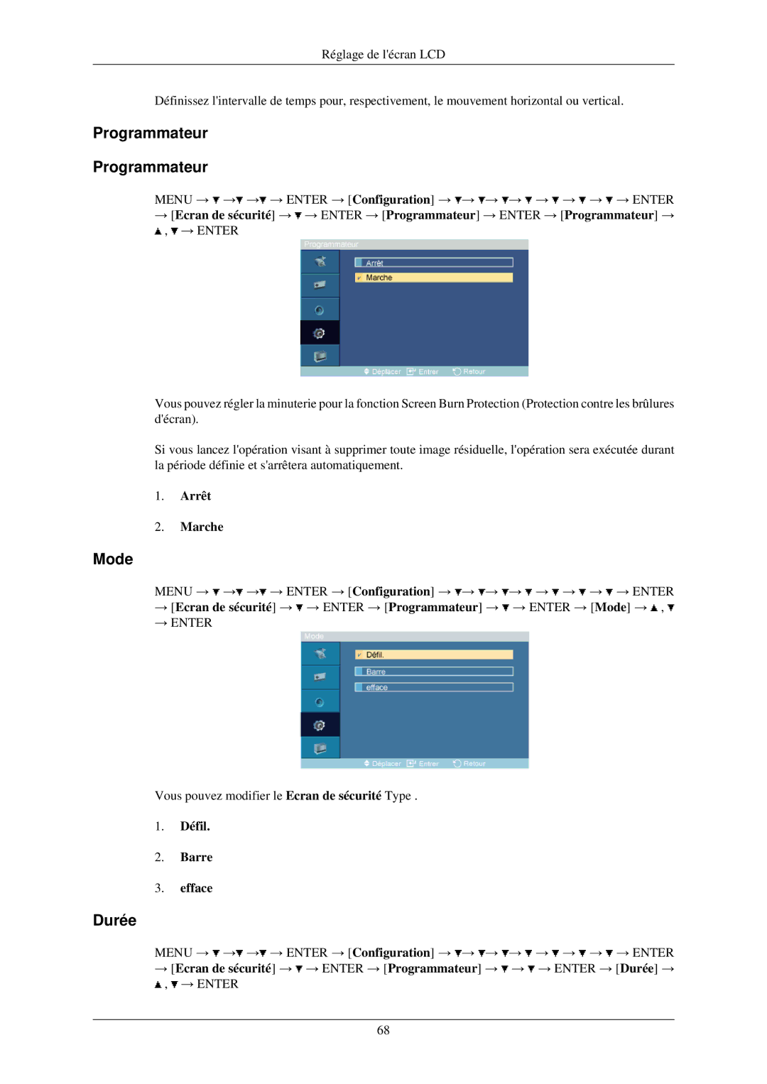 Samsung LH32TCUMBC/EN manual Programmateur, Durée, Défil Barre Efface 