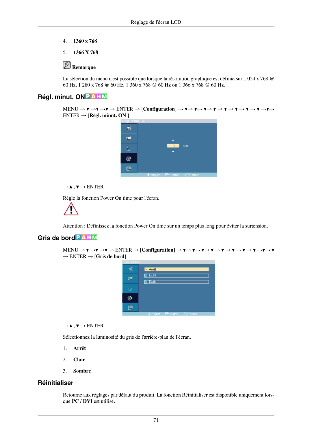 Samsung LH32TCUMBC/EN manual Régl. minut. on, Gris de bord, Réinitialiser 