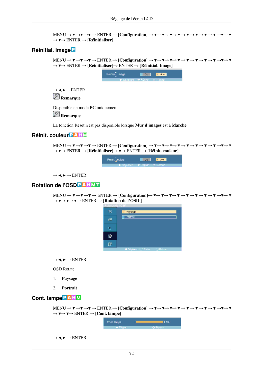 Samsung LH32TCUMBC/EN manual Réinitial. Image, Réinit. couleur, Rotation de l’OSD, Cont. lampe 